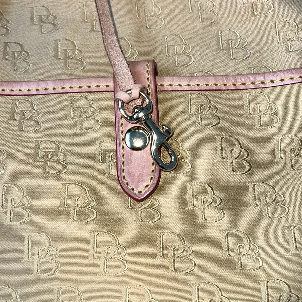 Dooney & Bourke Tan canvas DB signature Crossbody Bag with Leather Trim